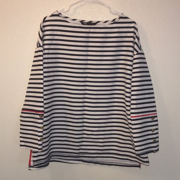 Zara Nautical Inspired Stripe Blue & White Long Sleeved Pullover Tunic w Buttons - Picture 1 of 6